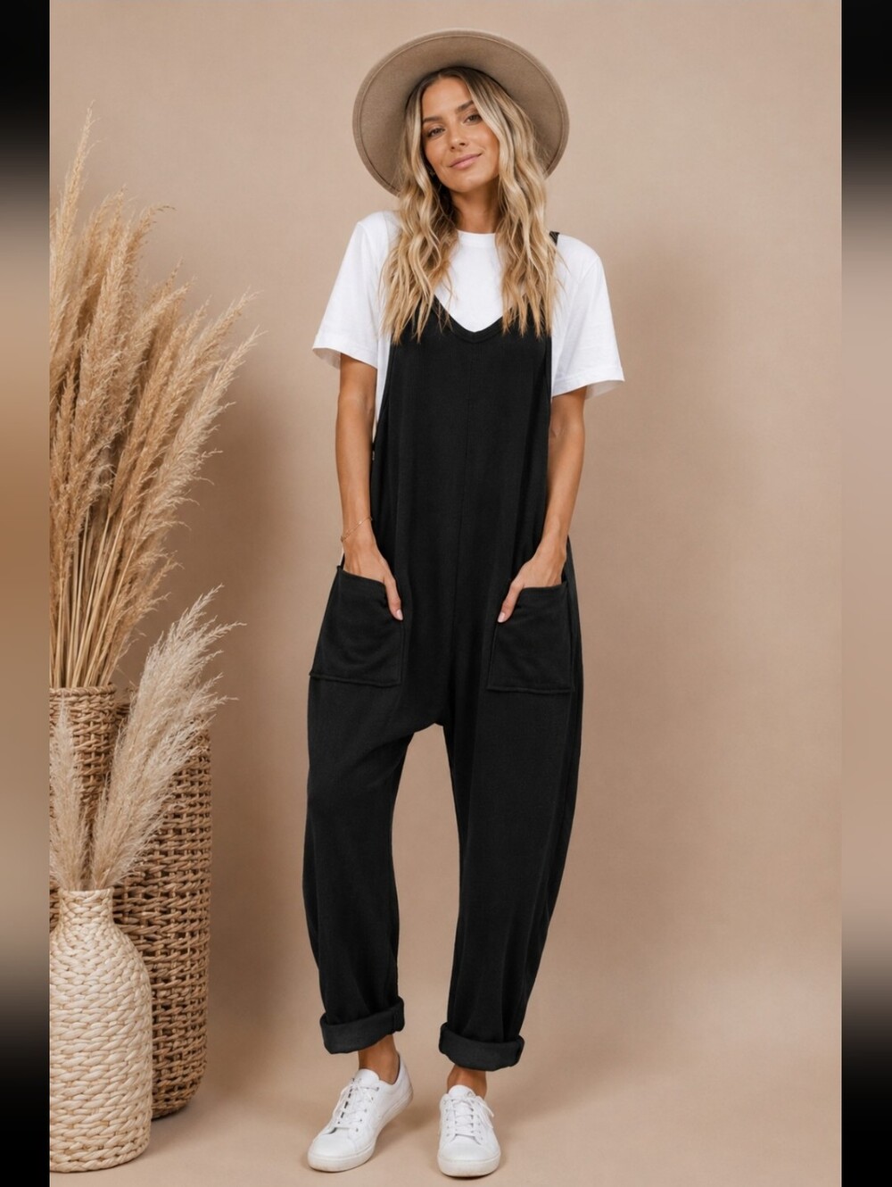Shop Stevie Black Waffle Knit Jumpsuit